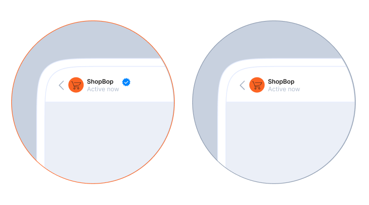 Two circular close-up illustrations showing the difference between a verified and non-verified WhatsApp Business account. The left circle displays a WhatsApp chat header with the brand name “ShopBop,” an orange shopping-bag logo, the status “Active now,” and a blue verification checkmark next to the brand name. The right circle shows the same chat header and branding elements, but without the blue verification checkmark, indicating an unverified business account.