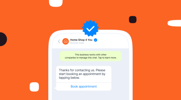 A graphic on an orange background showing a close-up of a smartphone with a WhatsApp-style verified business chat. The business account 'Home Shop 4 You' has a blue checkmark badge next to its name, with a large blue checkmark icon above the phone to highlight verification. The chat message thanks the user for getting in touch and asks them to start booking an appointment by tapping the 'Book appointment' link.