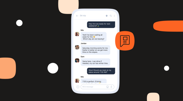 RCS group chat interface displayed on a smartphone against a dark background with abstract orange, beige, and white shapes, highlighting a modern messaging experience.