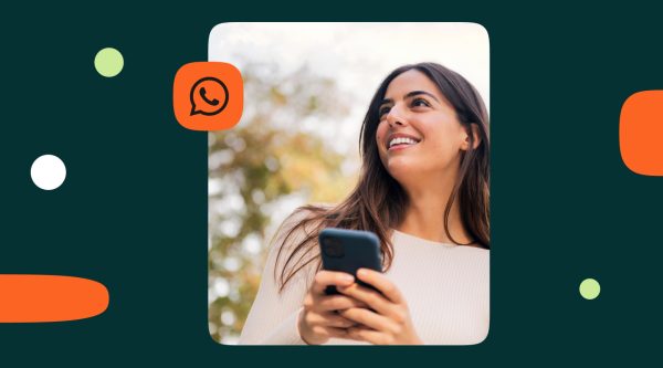 Graphic with a smiling woman holding a smartphone and a WhatsApp logo