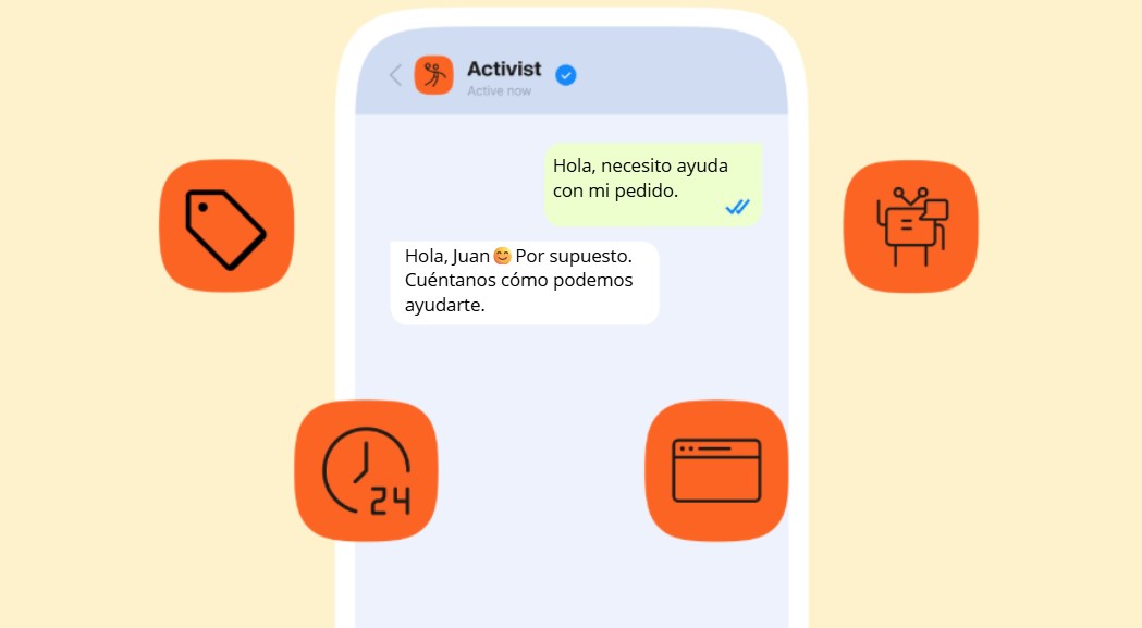 Captura de pantalla de un mensaje de WhatsApp de un cliente que pide ayuda con su pedido, y la empresa responde con "Cuéntanos cómo podemos ayudarte"