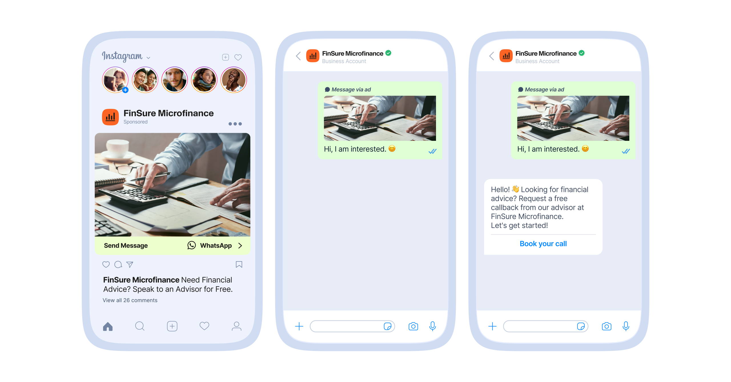 A set of three mobile phone mockups illustrating a FinSure Microfinance Instagram sponsored ad and WhatsApp chat interaction. The Instagram ad shows a business account post with a call-to-action button labeled “WhatsApp” for click to WhatsApp. The WhatsApp chat screens show a user message expressing interest and a follow-up message offering free financial advice with a link to book a callback, highlighting lead generation through click to WhatsApp.