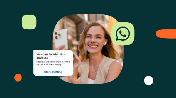 Smiling woman holding a smartphone while using WhatsApp, with WhatsApp chat icons and decorative shapes on a dark green background.