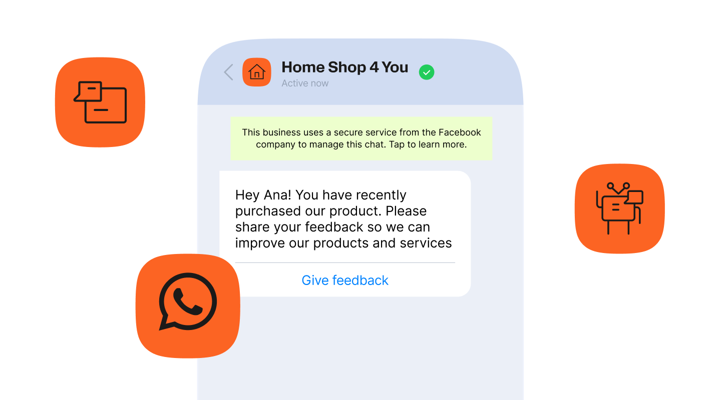 WhatsApp Business message asking a customer to share product feedback, displayed on a phone screen with Infobip orange icons around it
