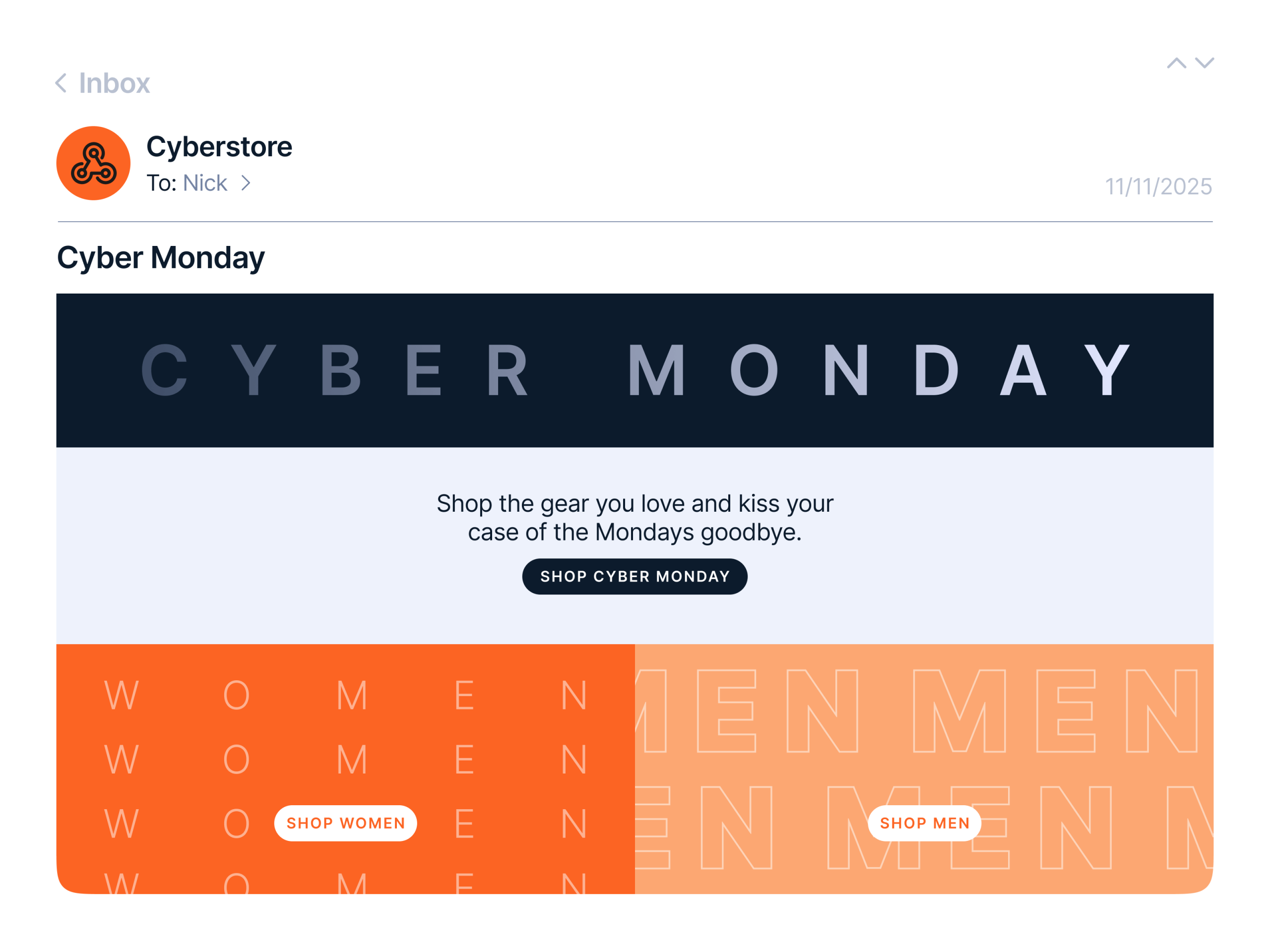 Email client interface with an opened marketing message from ‘Cyberstore’ to Nick, dated 11/11/2025. The subject reads ‘Cyber Monday.’ The email hero section has a dark navy banner with large spaced letters spelling ‘CYBER MONDAY.’ Below, a short line of copy invites the user to ‘Shop the gear you love and kiss your case of the Mondays goodbye.’ A dark pill-shaped button says ‘Shop Cyber Monday.’ The lower part of the email is split into orange panels with repeating text ‘WOMEN’ on the left and ‘MEN’ on the right, each containing a white rounded button labeled ‘Shop women’ and ‘Shop men’ respectively. The overall style is bold and modern with high-contrast colors.