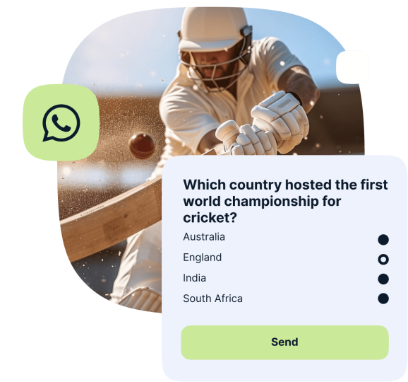 A smartphone screen shows an augmented reality camera view focused on a red cricket ball floating above a wooden table, with a display of several cricket bats standing in the background. A pop-up message invites the user to unlock discounts by finding the hidden virtual cricket ball in-store to collect points, with "Scan and play!" and "No thanks" options.