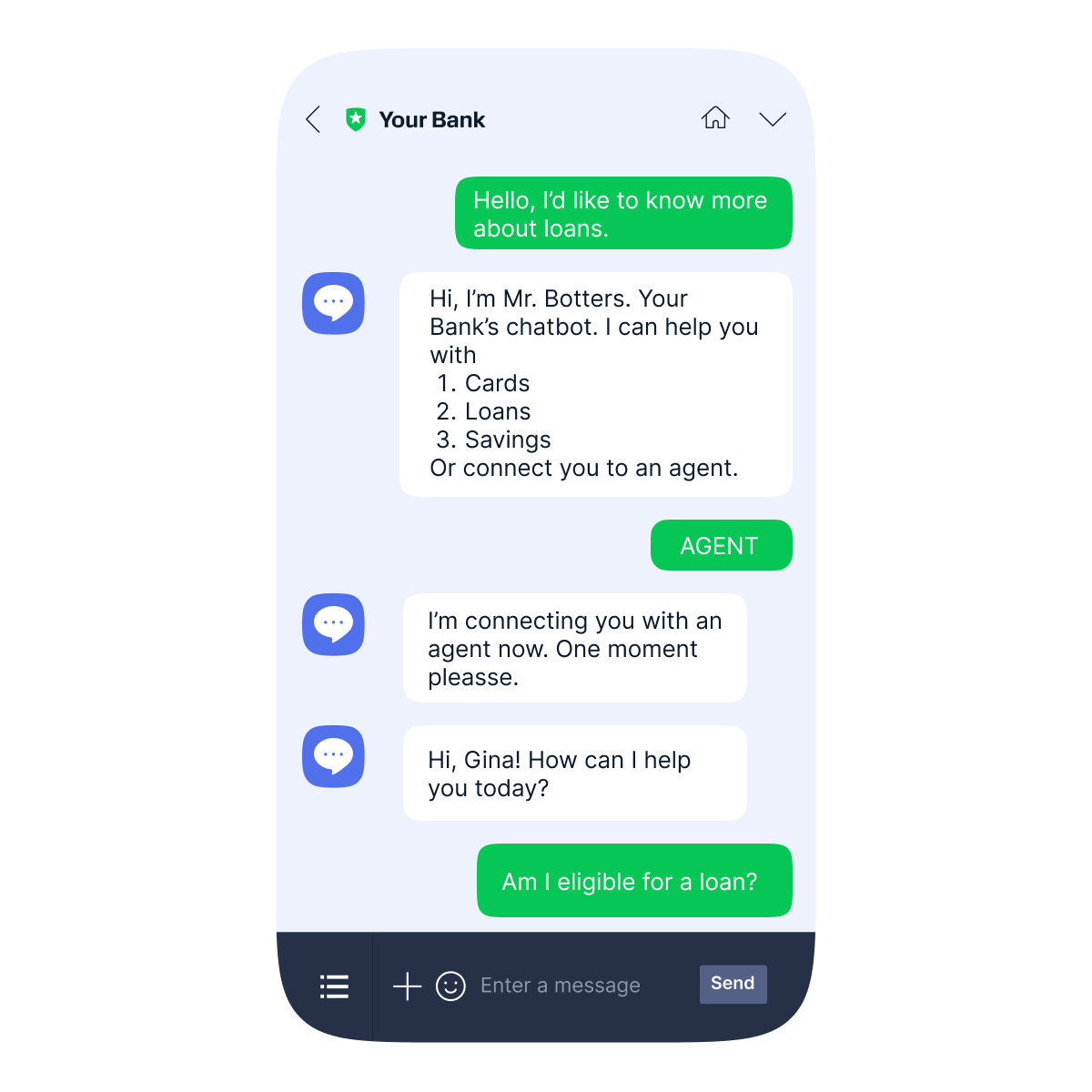 A mobile phone screen shows a chat conversation with "Your Bank." The user asks to know more about loans. The bank's chatbot, Mr. Botters, responds offering help with cards, loans, savings, or connecting to an agent. The user requests an agent. The chatbot then connects the user to an agent named Gina, who greets the user and asks how she can help. The user asks if they are eligible for a loan.