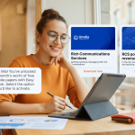 A woman working at a café table on a tablet. A message reads, “Hi, Mia! You’ve unlocked a month’s worth of free white papers with Easy Book. Select the option you’d like to activate.” Beside it are two Omdia cards: “Rich Communications Services—Igniting business messaging with rich conversations” and “RCS poised to grow revenue for enterprise,” each with “Download now.”
