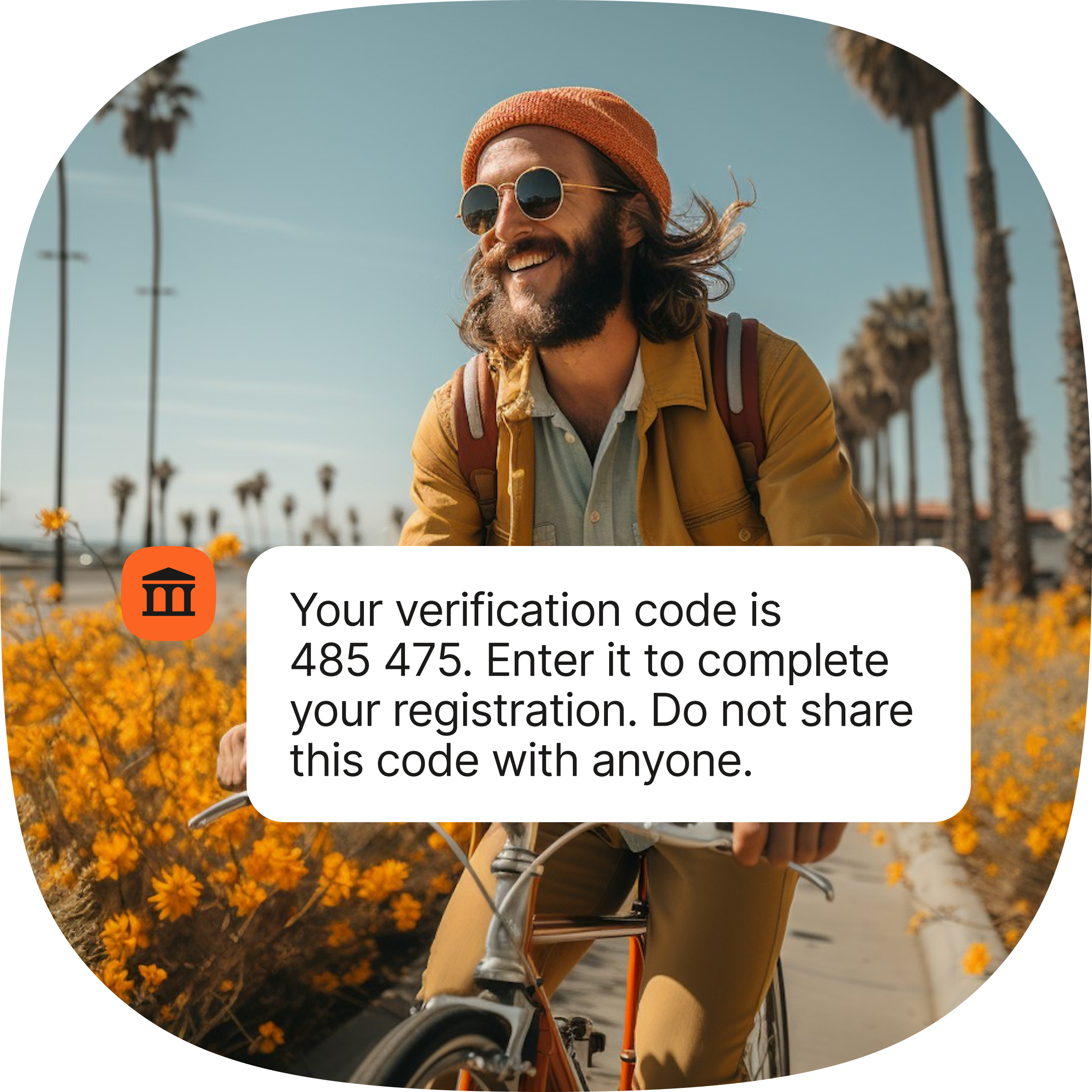 Verification code for registration with a warning not to share it; person cycling along a palm‑lined street.