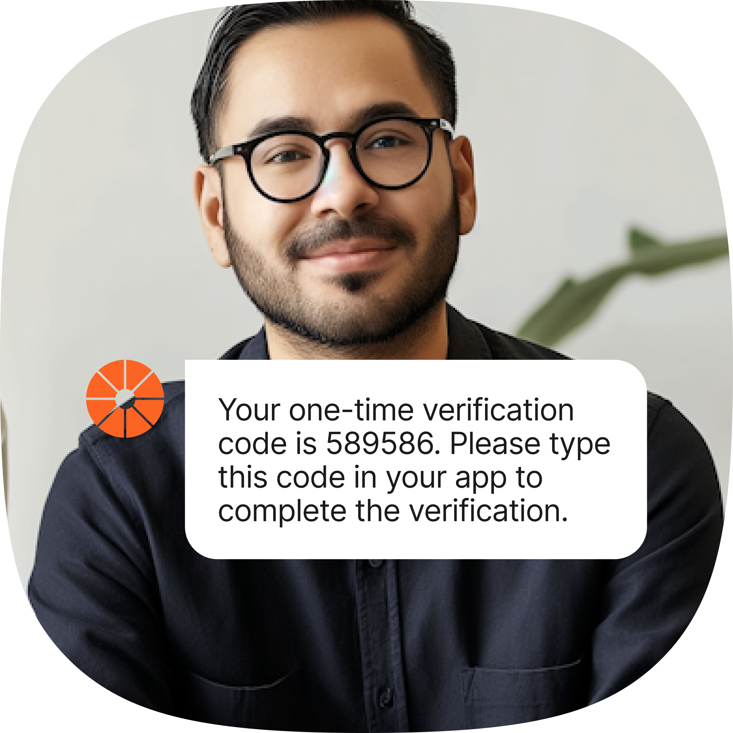 Security notification showing a one-time verification code with instructions to complete app verification; person in an dark blue shirt.