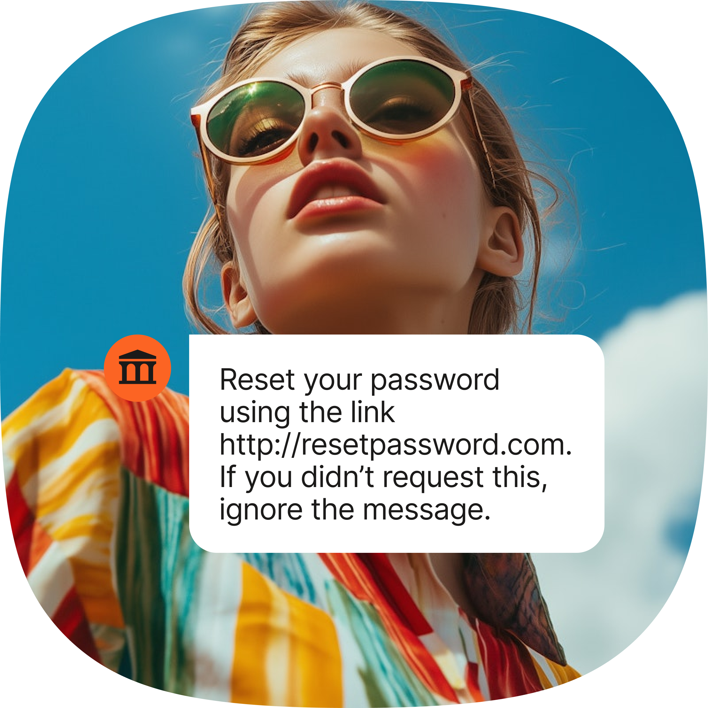 Password reset alert with a link and guidance to ignore if unrequested; person in a colorful striped shirt under a clear sky.