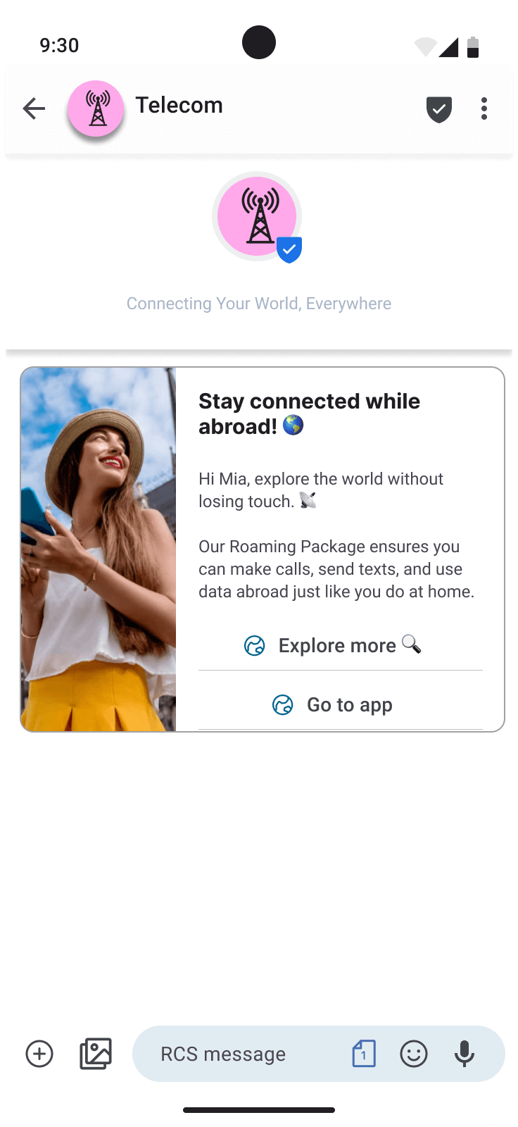 Smartphone RCS mockup message from "Telecom" with a pink tower icon and tagline "Connecting Your World, Everywhere." Message card shows a photo of a smiling woman holding a phone, headline "Stay connected while abroad!" with a globe emoji, a personalized message to Mia about a Roaming Package for calls/texts/data abroad, and two CTA buttons: "Explore more" and "Go to app."