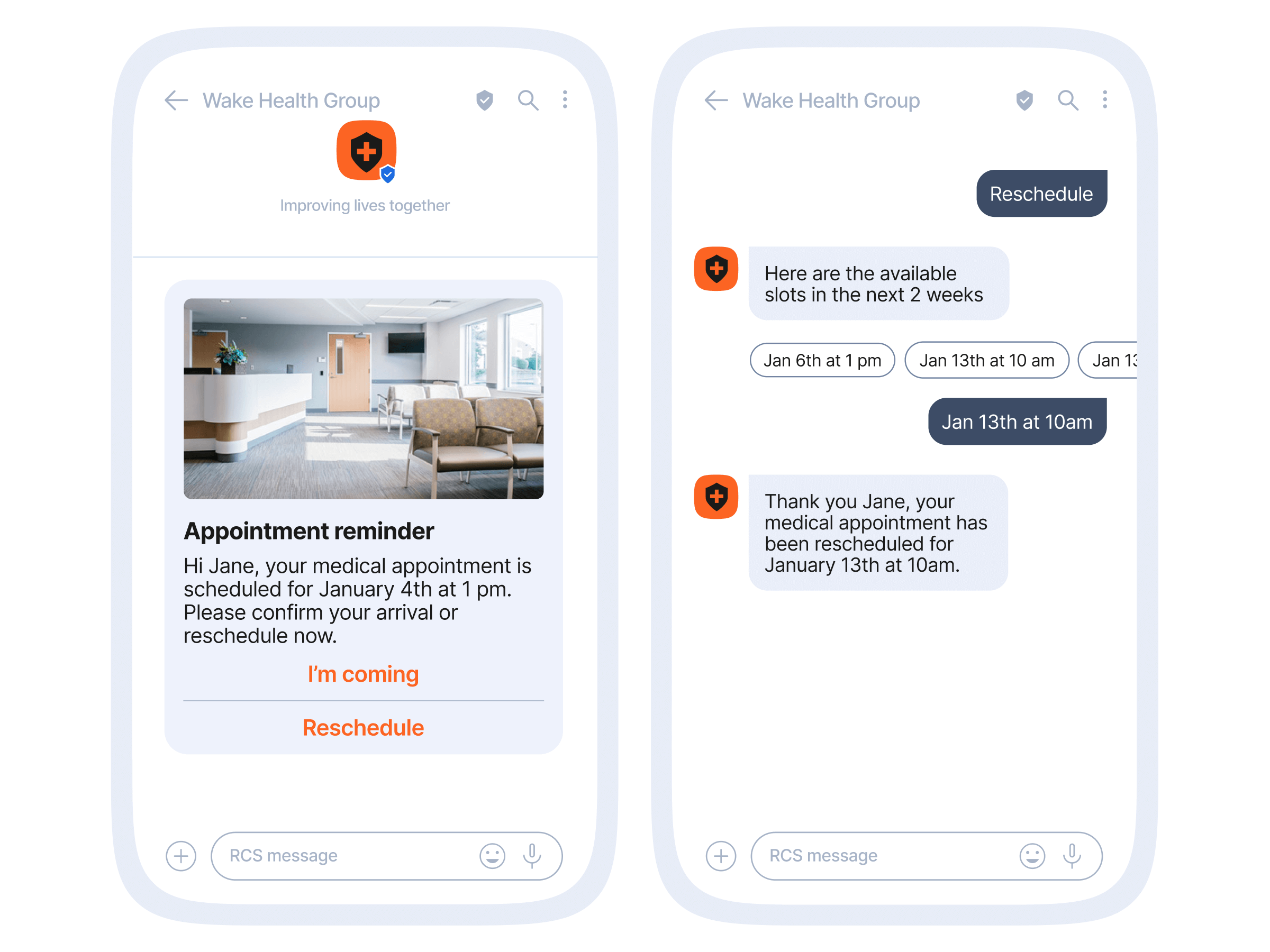 Two side-by-side smartphone mockups of an RCS appointment flow for a company called "Wake Health Group." Left screen shows a message with a waiting-room image attached, headline "Appointment reminder," message to "Hi Jane" about an appointment on January 4th at 1 pm and buttons "I'm coming" and "Reschedule." Right screen shows a chat-style reschedule messaging flow with available slots (e.g., Jan 6th at 1 pm, Jan 13th at 10 am), the selection "Jan 13th at 10am" highlighted, and a confirmation message that the appointment was rescheduled to January 13th at 10am.
