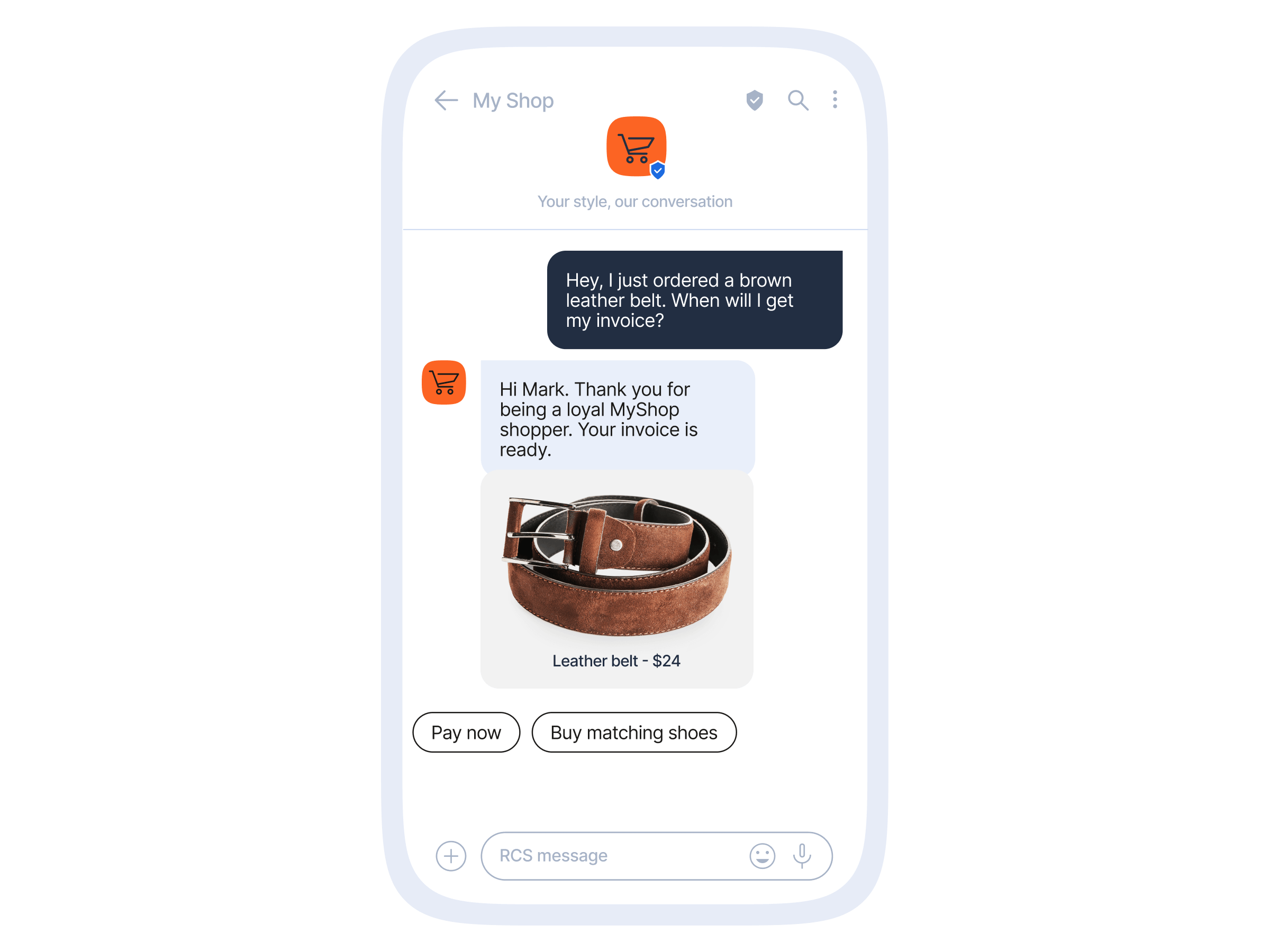 Smartphone RCS message from a sender titled "Home Decor" saying "Hi Jane, which item would you like to return?", showing two product cards side-by-side — a stone grey sofa priced $600 and a blue "Clue cozy chair" priced $300 — each with an image and an orange "Return now" button.