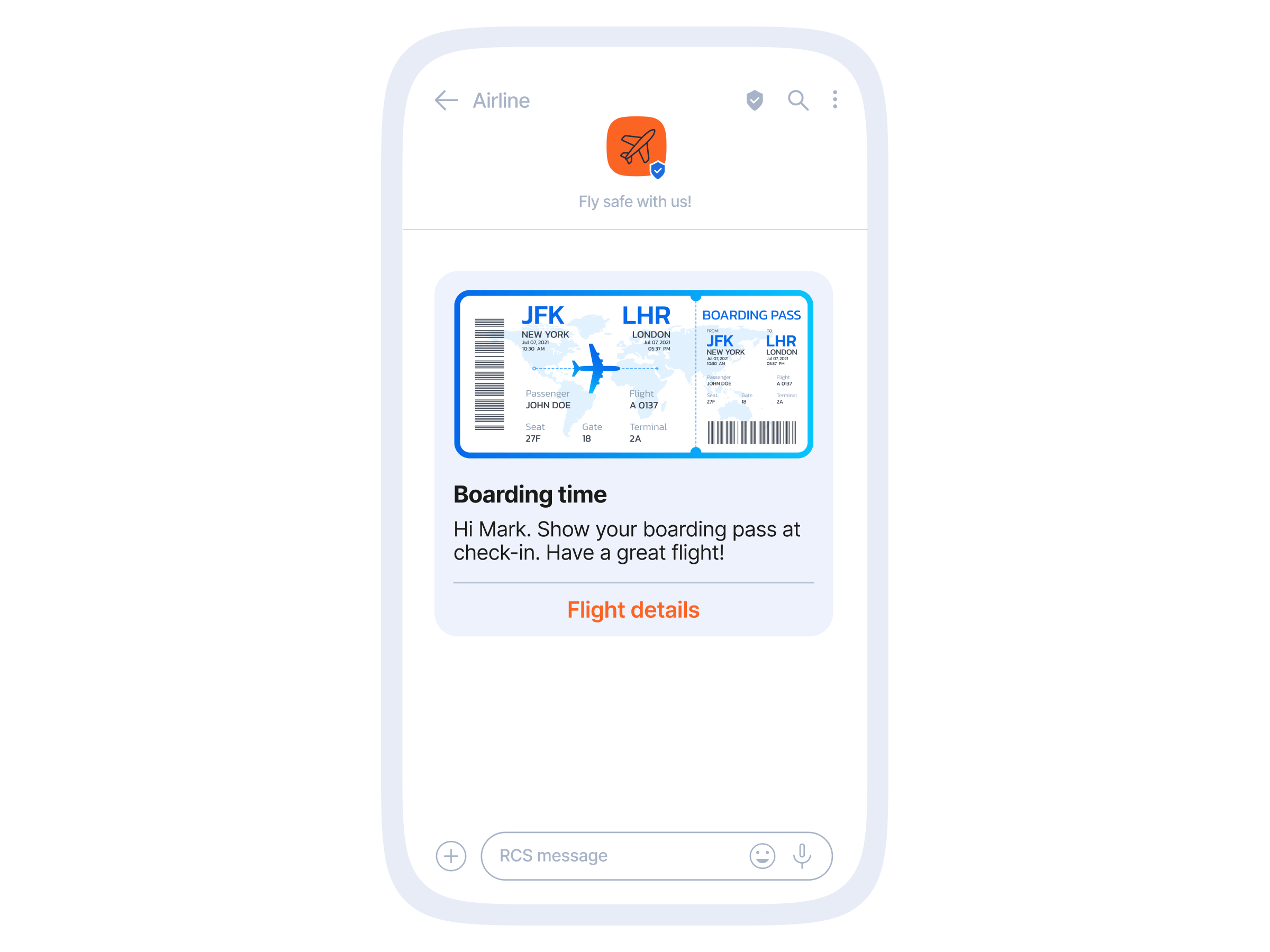 Smartphone RCS message from a sender titled "Airline" displaying a boarding-pass image, headline "Boarding time," a personalized message to the recipient (Mark) to show his boarding pass at check‑in, and an orange CTA button labeled "Flight details."