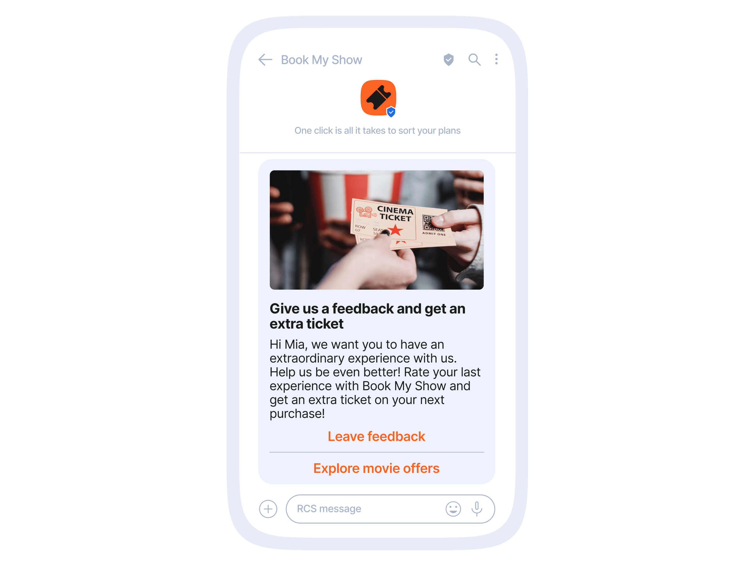 Smartphone mockup of an RCS message containing an image of hands exchanging a cinema ticket, headline "Give us a feedback and get an extra ticket," a personalized message to Mia asking to rate her last experience, and two orange buttons: "Leave feedback" and "Explore movie offers."