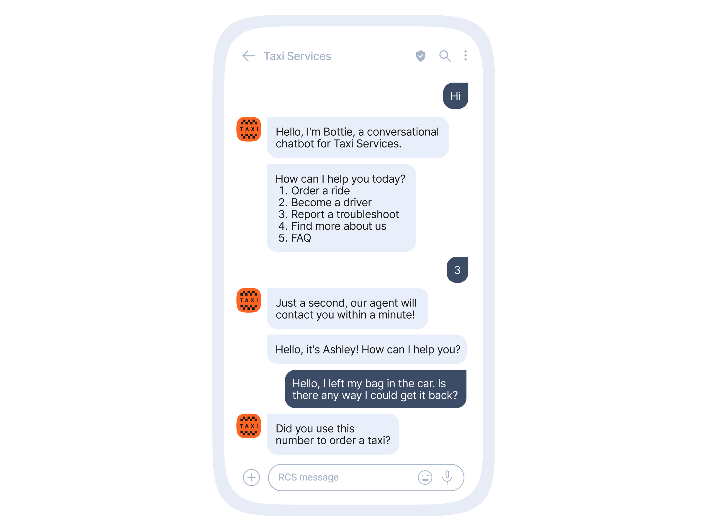 Smartphone RCS chat message from a sender titled "Taxi Services" showing an orange taxi icon and a conversational chatbot "Bottie" listing menu options; the user selects "3", a message says an agent will contact them, agent "Ashley" replies, the user reports leaving a bag in the car, and the agent asks if the same number was used to order the taxi.