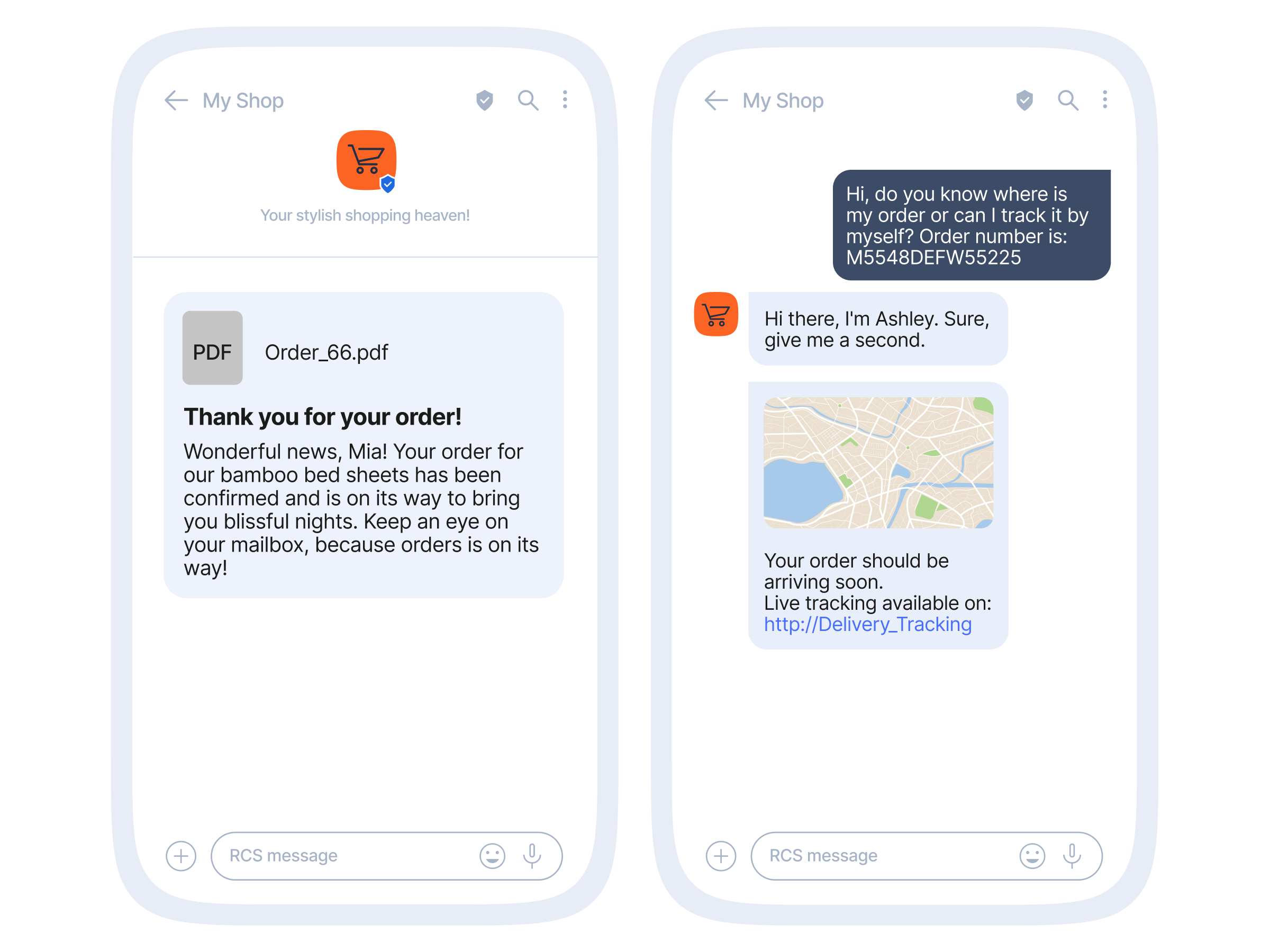 Two side-by-side smartphone mockups of an RCS conversation with "My Shop." Left screen shows an order confirmation message with a PDF attachment and the headline "Thank you for your order!" addressing Mia about bamboo bed sheets. Right screen shows a user message asking for order status (order number M5548DEFW55225), a reply from "Ashley," a map thumbnail, and a message with a link for live delivery tracking.