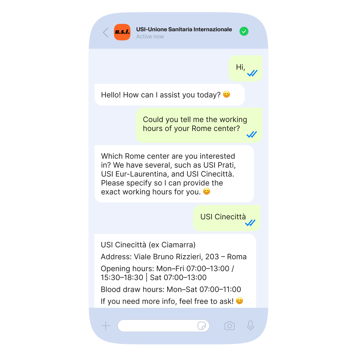 Smartphone chat with USI–Unione Sanitaria Internazionale where a user asks for the working hours of the Rome Cinecittà center, and the assistant provides the address and opening hours