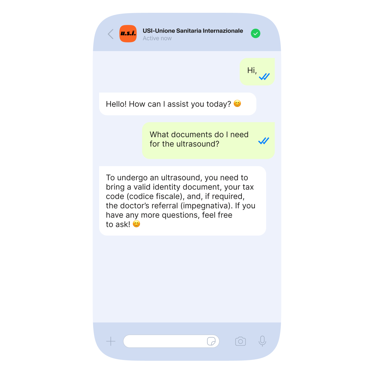 Smartphone screen showing a chat with USI–Unione Sanitaria Internazionale, where a user asks what documents are needed for an ultrasound, and the assistant lists the required documents.