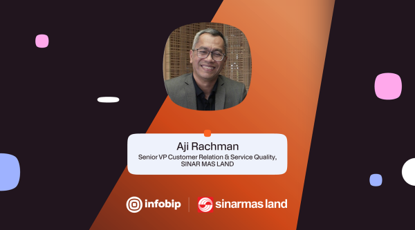 A promotional image featuring Infobip and Sinarmas Land logo. The image highlights Aji Rachman, Senior VP Customer Relation & Service Quality at SINAR MAS LAND, displaying his name and title with a portrait photo on an orange geometric background accentuated by abstract dots.