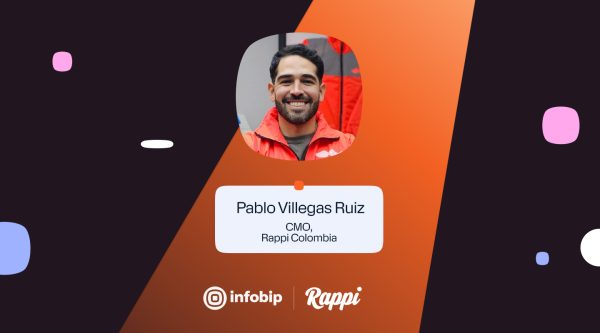 A social card featuring Pablo Villegas Ruiz, CMO at Rappi Colombia, in a red Rappi jacket, centered on an orange and dark purple Infobip and Rappi branded background with rounded decorative shapes.