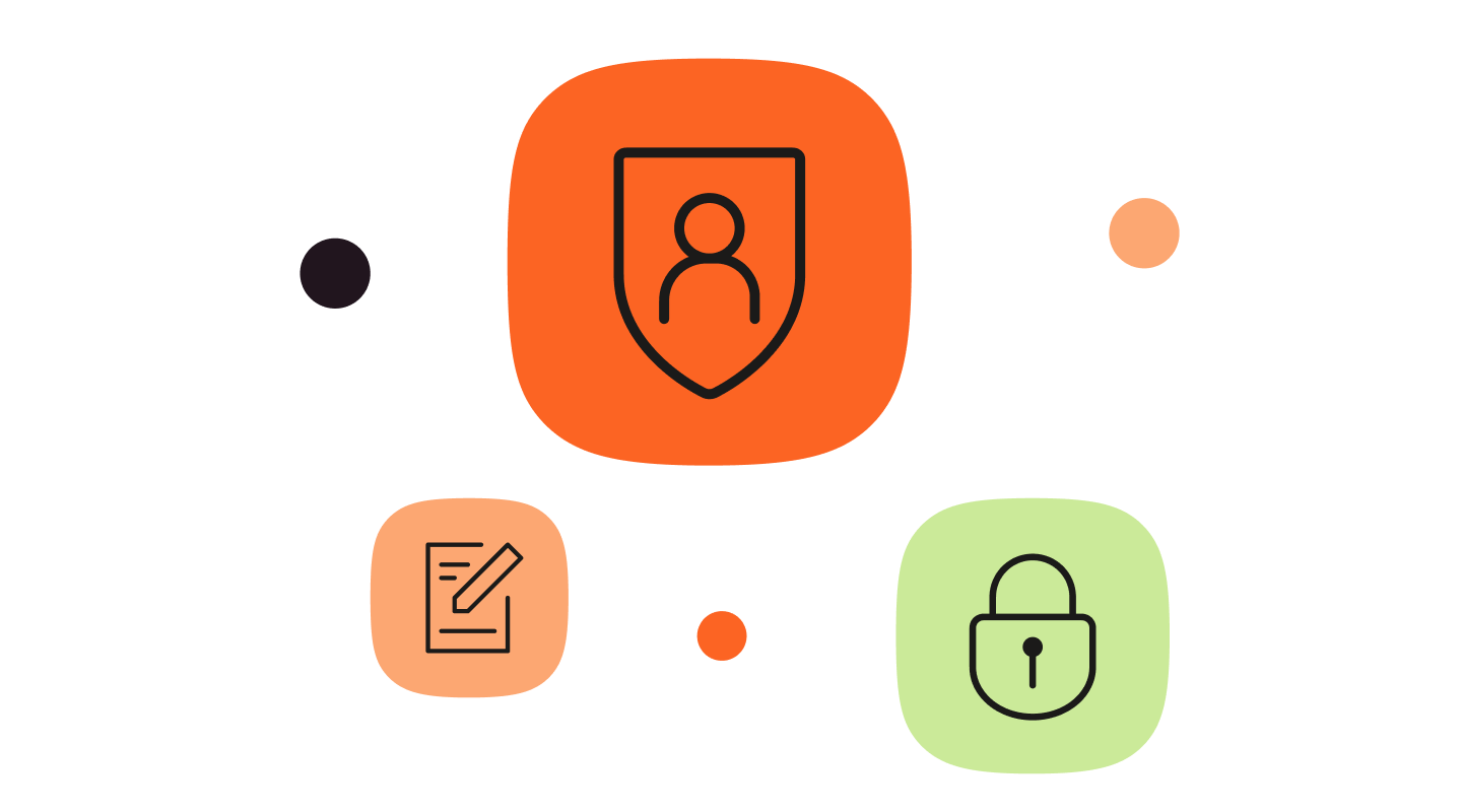 Three rounded square icons on a white background. The center icon is orange with a user inside a shield. The left icon is light peach with a form and pencil. The right icon is light green with a lock. Small decorative dots in matching colors float around the icons.