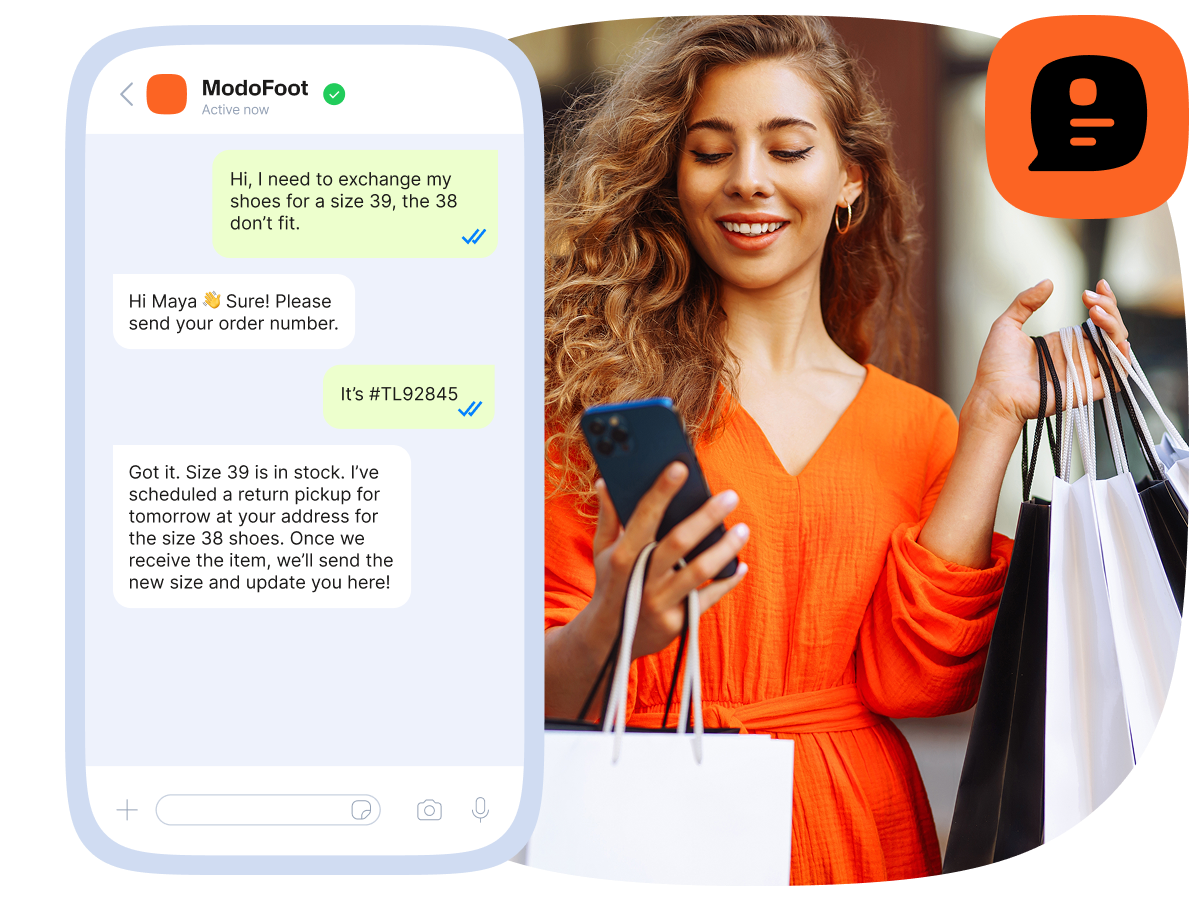 A woman in an orange dress holding several shopping bags and a smartphone stands outdoors. Next to her is a chat conversation with ModoFoot, where the user requests to exchange shoes from size 38 to 39. The chat confirms the size 39 is in stock, schedules a return pickup for the size 38 shoes the next day, and assures the user they will be updated once the new size is sent.