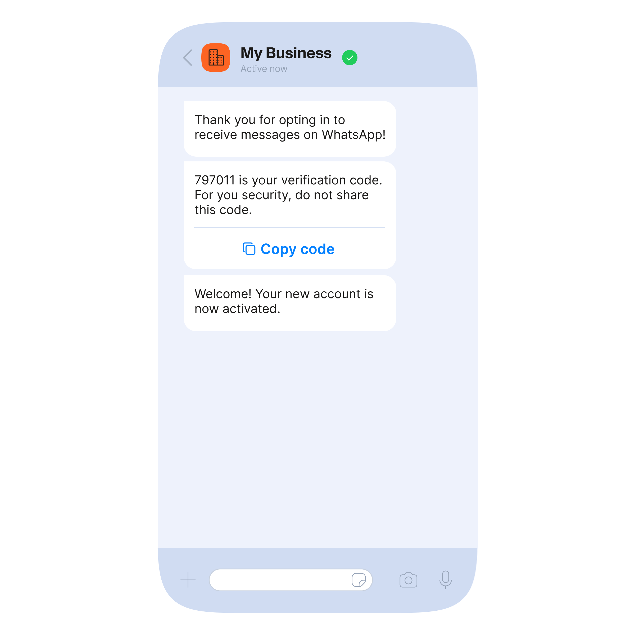 Smartphone messaging screen for 'My Business' (verified) with three chat bubbles: 'Thank you for opting in to receive messages on WhatsApp!', then '797011 is your verification code. For your security, do not share this code.' with a blue 'Copy code' button beneath it, and finally 'Welcome! Your new account is now activated.' The app input bar and icons are visible at the bottom.