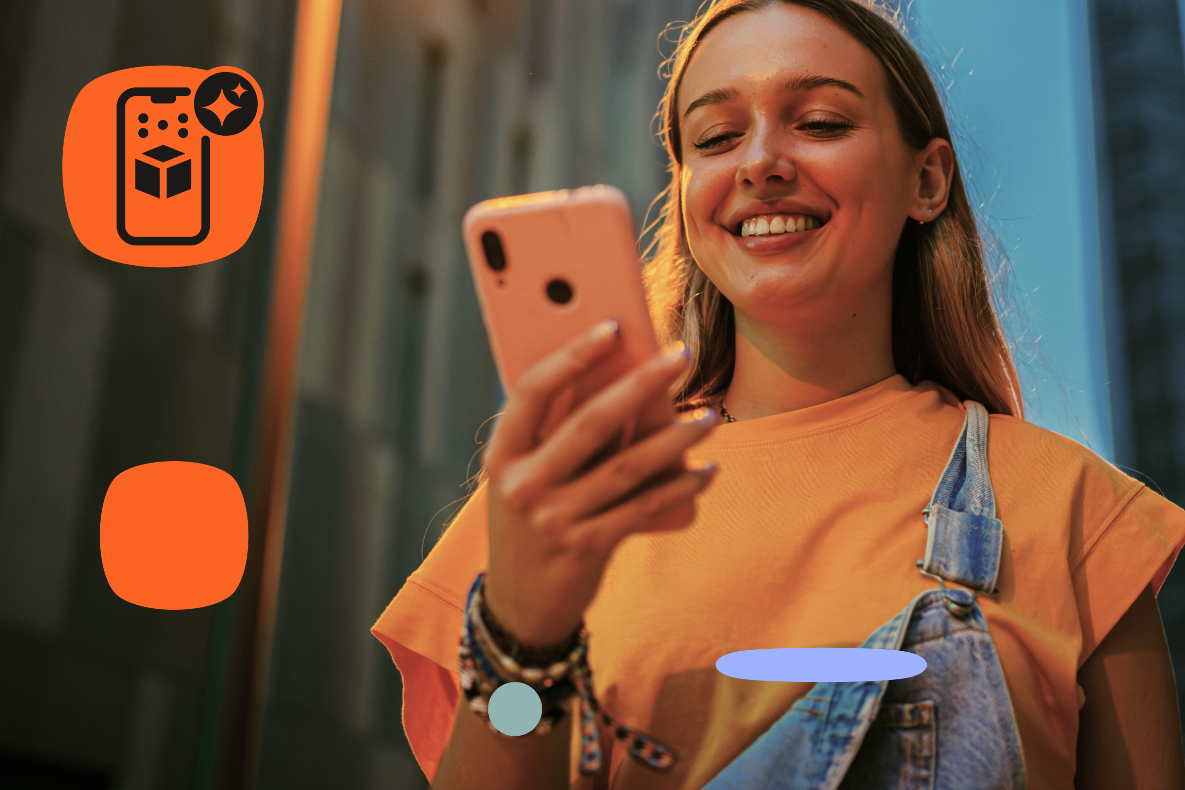 A young woman stands in a city street at golden hour, smiling as she looks at her smartphone. She wears an orange t-shirt and denim overalls, with bracelets on her wrist. Tall buildings rise behind her, softly blurred. The warm sunlight highlights her face and hair. Bright orange and pastel graphic shapes and an AR mobile-experience icon are placed along the left side of the image.