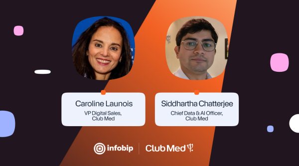 Two headshots accompanied by names and job titles. Caroline Launois is identified as VP Digital Sales at Club Med. Siddhartha Chatterjee is identified as Chief Data & AI Officer at Club Med. The bottom of the image features the Infobip and Club Med logos on an orange and dark background with abstract shapes.