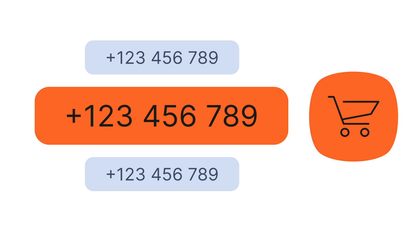 Graphic showing three rounded rectangles with the same phone number “+123 456 789.” The middle rectangle is large and bright orange, drawing attention to the number, while the smaller top and bottom rectangles are light blue. To the right, there is an orange rounded square containing a simple black shopping cart icon, suggesting the phone number is being purchased.