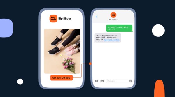 Two smartphone screens showing a promotional interaction from Bip Shoes. The left screen displays an image of a pair of black sneakers and a pair of pink sneakers. Below the image is an orange button labeled "Get 20% Off Now." The right screen shows a chat conversation where the user texts, "I’m ready to shop, apply 20% off!" Bip Shoes replies, "Absolutely! Welcome to Bip Shoes – here’s your 20% off," followed by a clickable link: bipshoes.com/20 .