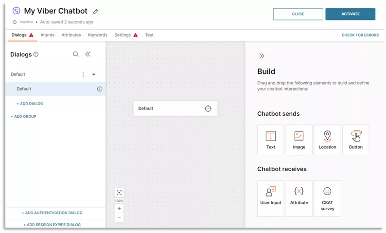 Screenshot from the portal interface showing the main chatbot building canvas