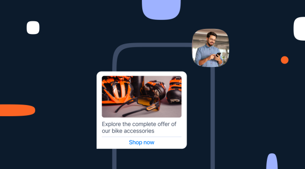 WhatsApp Business API setup guide social graphic displaying a promotional card with bike accessories, a Shop Now link, and an image of a user engaging on a mobile device against a dark modern background.