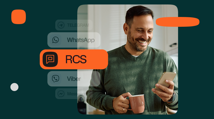 Graphic showing RCS messaging icon highlighted next to a man using a smartphone.