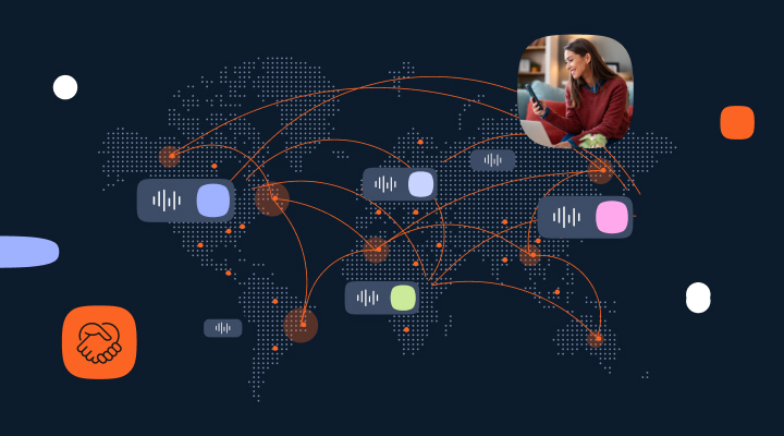 A visual intro into the blog ‘A guide to choosing the right telecom partner in 2026,’ showing a digital world map with interconnected nodes and communication icons representing global connectivity. In the top right corner, a person is seen using a smartphone, symbolizing user engagement. The background features dark blue with abstract colorful shapes and an orange handshake icon, emphasizing partnership and collaboration.