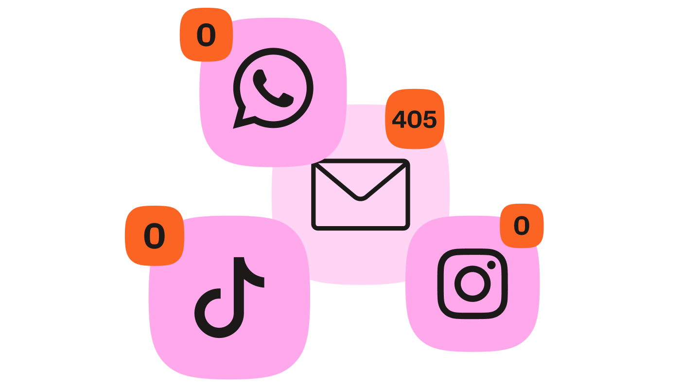 Illustration comparing communication channels, with email showing 405 notifications while WhatsApp, TikTok, and Instagram show zero, highlighting email’s continued relevance.