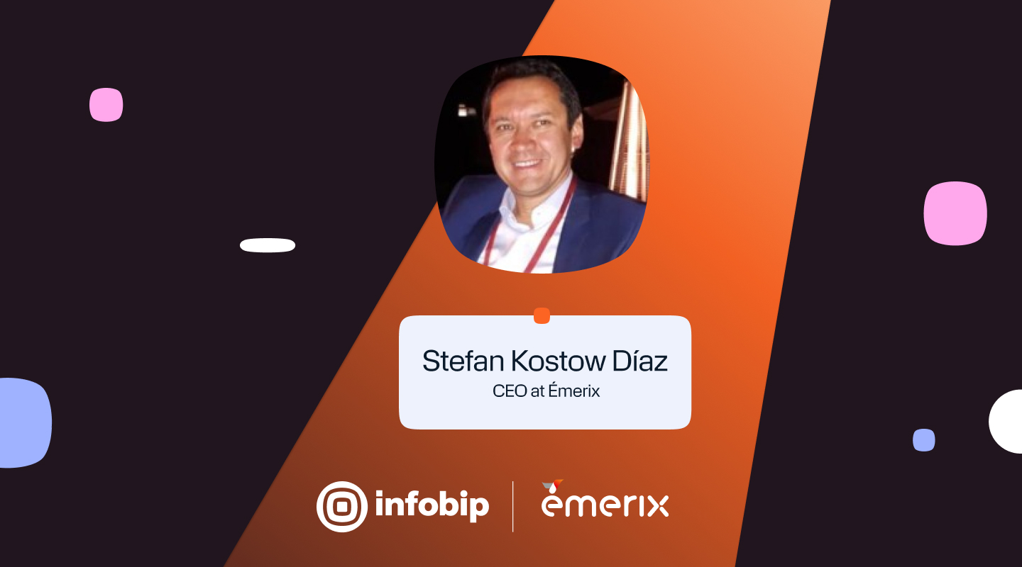 Infobip and Émerix branded banner with a dark background and orange accent. On the right, an orange diagonal panel features a circular photo of a person in a suit and lanyard, with a white nameplate below that says “Stefan Kostow Díaz, CEO at Émerix.” Decorative rounded shapes in orange, pink, blue, and white are scattered around the design.
