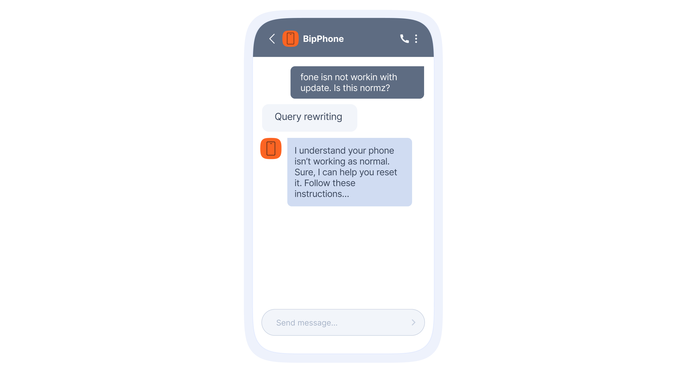 Mobile chat shows query rewriting of a typo‑filled message and replies with phone reset instructions.