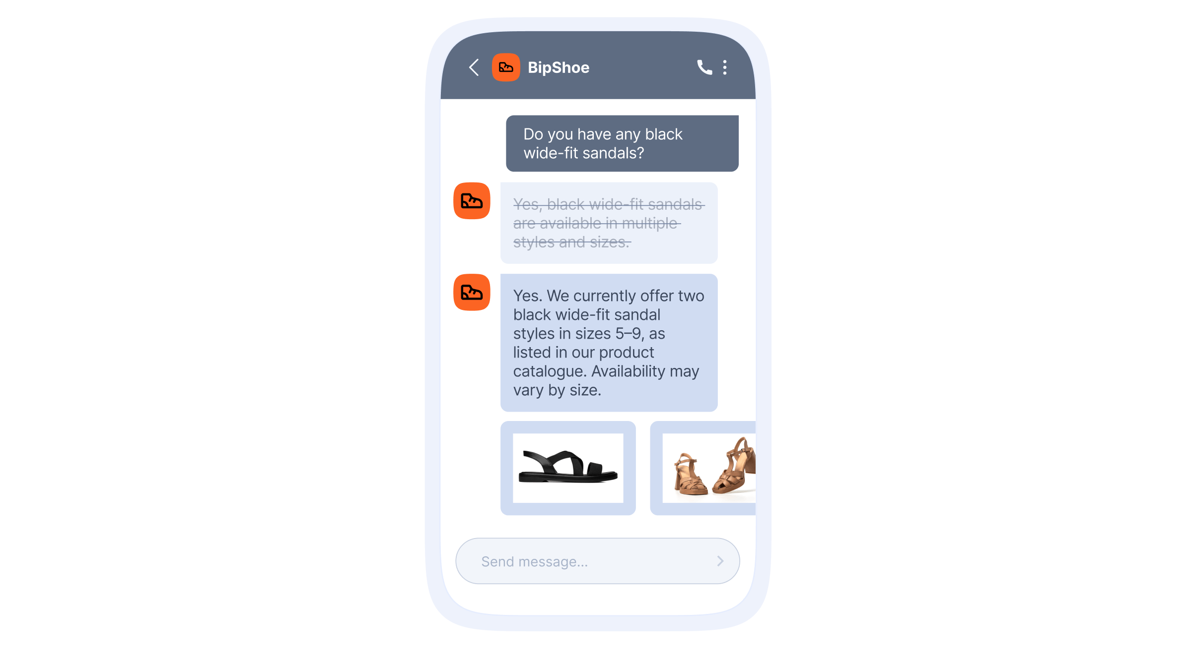 Mobile support chat recommends black wide‑fit sandals, lists sizes with images, correcting a previous answer.