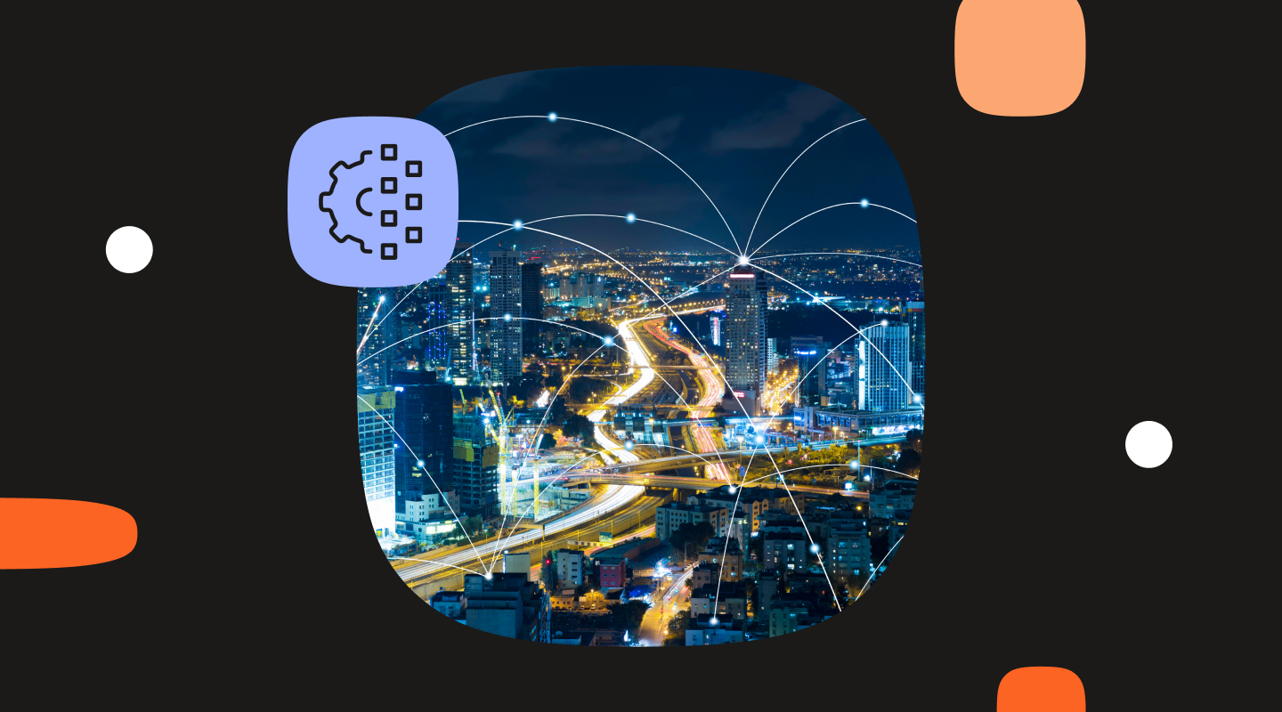 A visual intro into the blog How network API capabilities strengthen security, showing a nighttime cityscape with illuminated highways and high-rise buildings with digital connection lines overlaying the scene, symbolizing network connectivity and data flow.