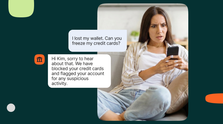 Customer using mobile phone to chat with NLP-powered AI chatbot for banking support