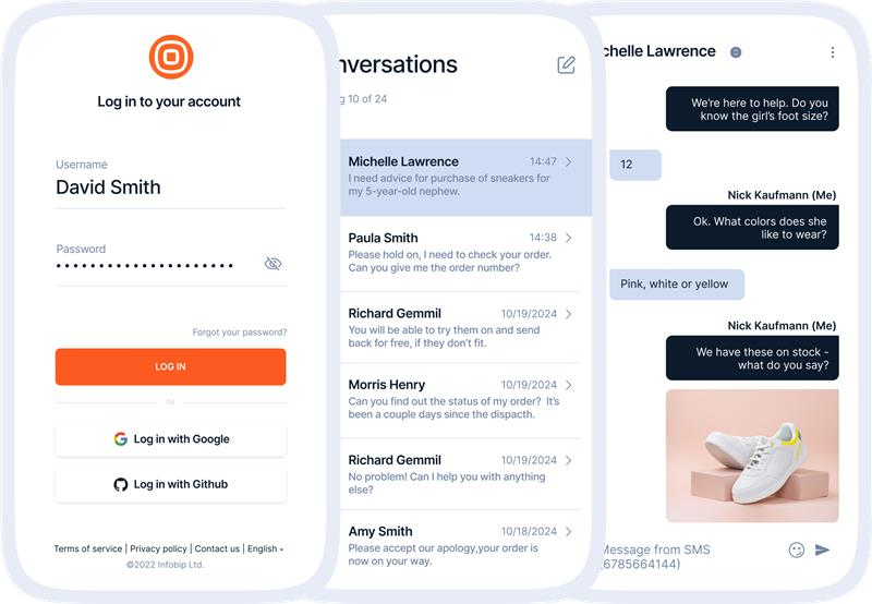 Three mobile app screens: a login page with the Infobip logo and social sign‑in options; a conversations inbox listing customer threads with Michelle Lawrence selected; and a chat where an agent confirms shoe size and color preferences and shares a white sneaker product image—illustrating retail customer support messaging.