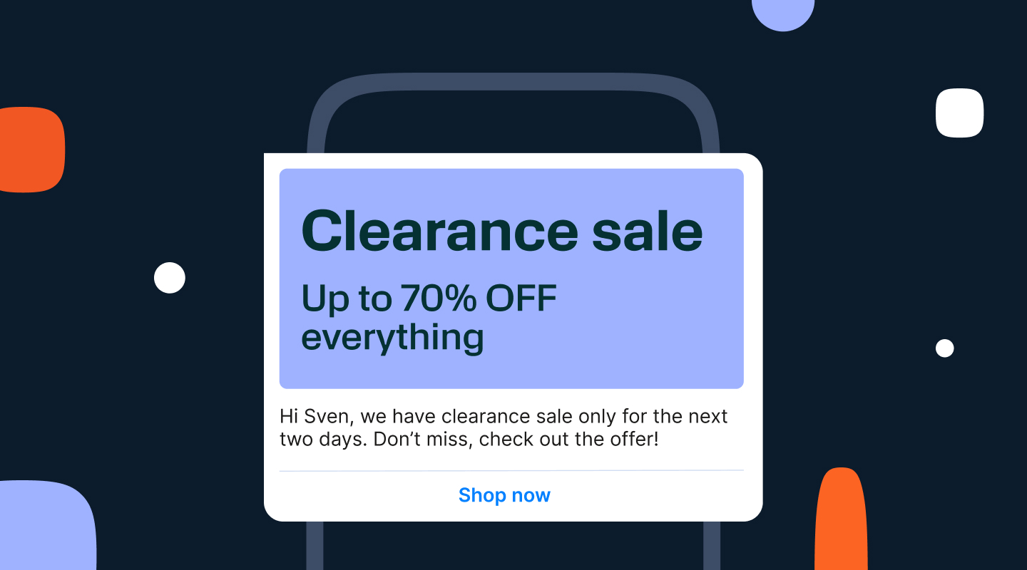 Illustration of a smartphone screen displaying an example of an RCS rich card message for a clearance sale, featuring a "Shop now" button.