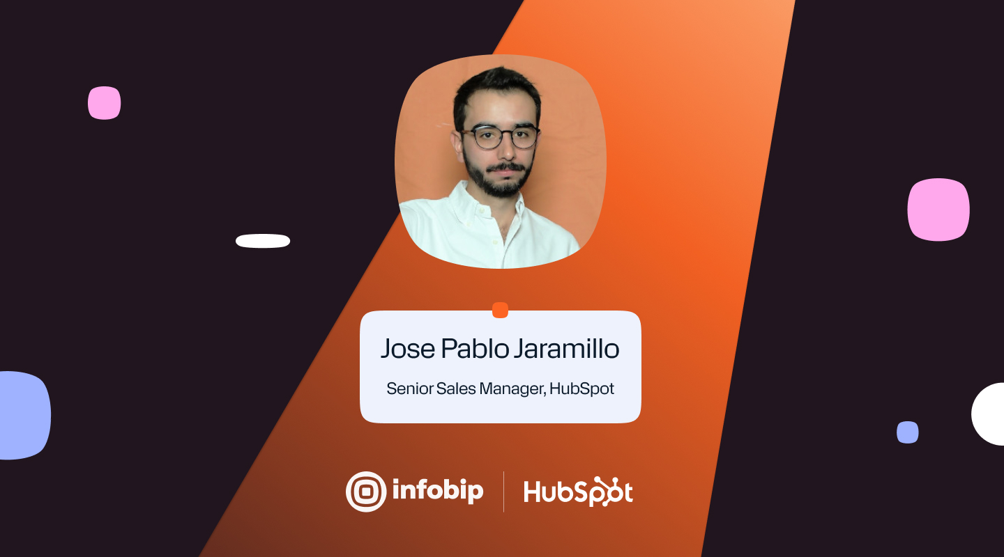 Graphic for “HubSpot x Infobip: Solving the engagement gap” featuring a portrait of Jose Pablo Jaramillo, Senior Sales Manager at HubSpot, with HubSpot and Infobip logos on a dark and orange abstract background.