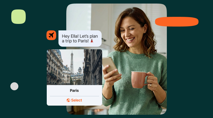 Illustration of rich RCS chat on a smartphone with a travel offer card for Paris
