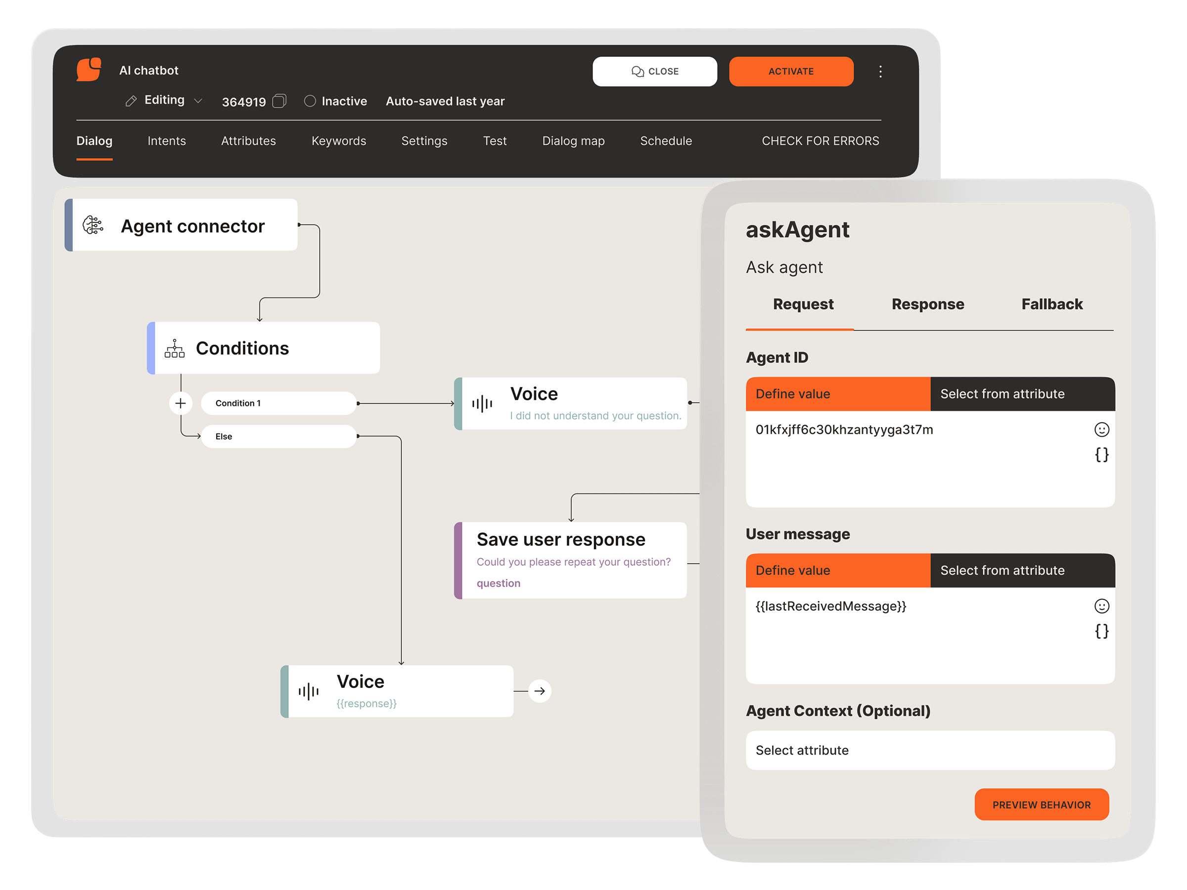 Chatbot dialog builder with Agent connector element and askAgent configuration panel for AI agent integration