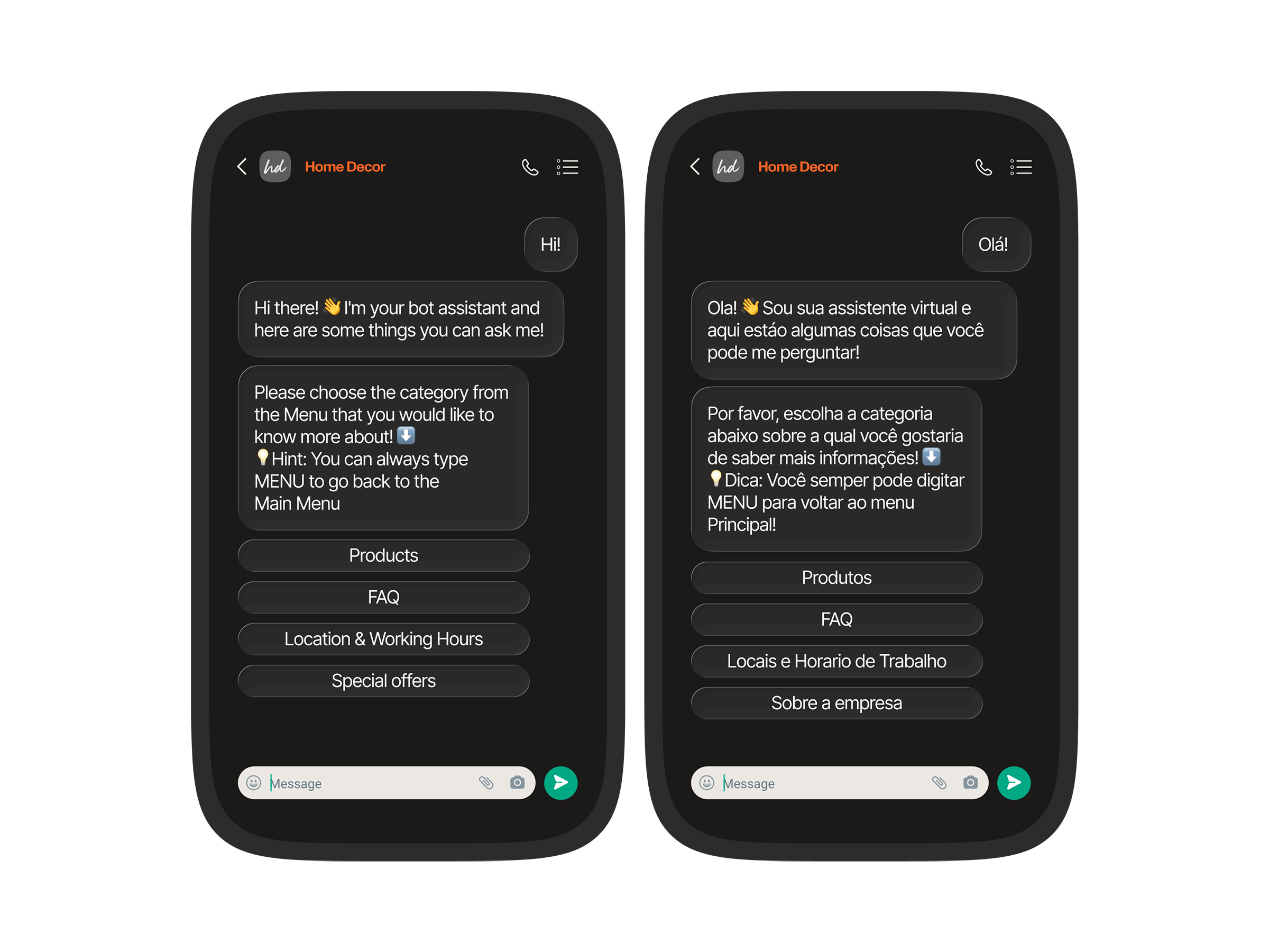 Side-by-side chatbot conversations in English and Portuguese demonstrating multilingual bot support