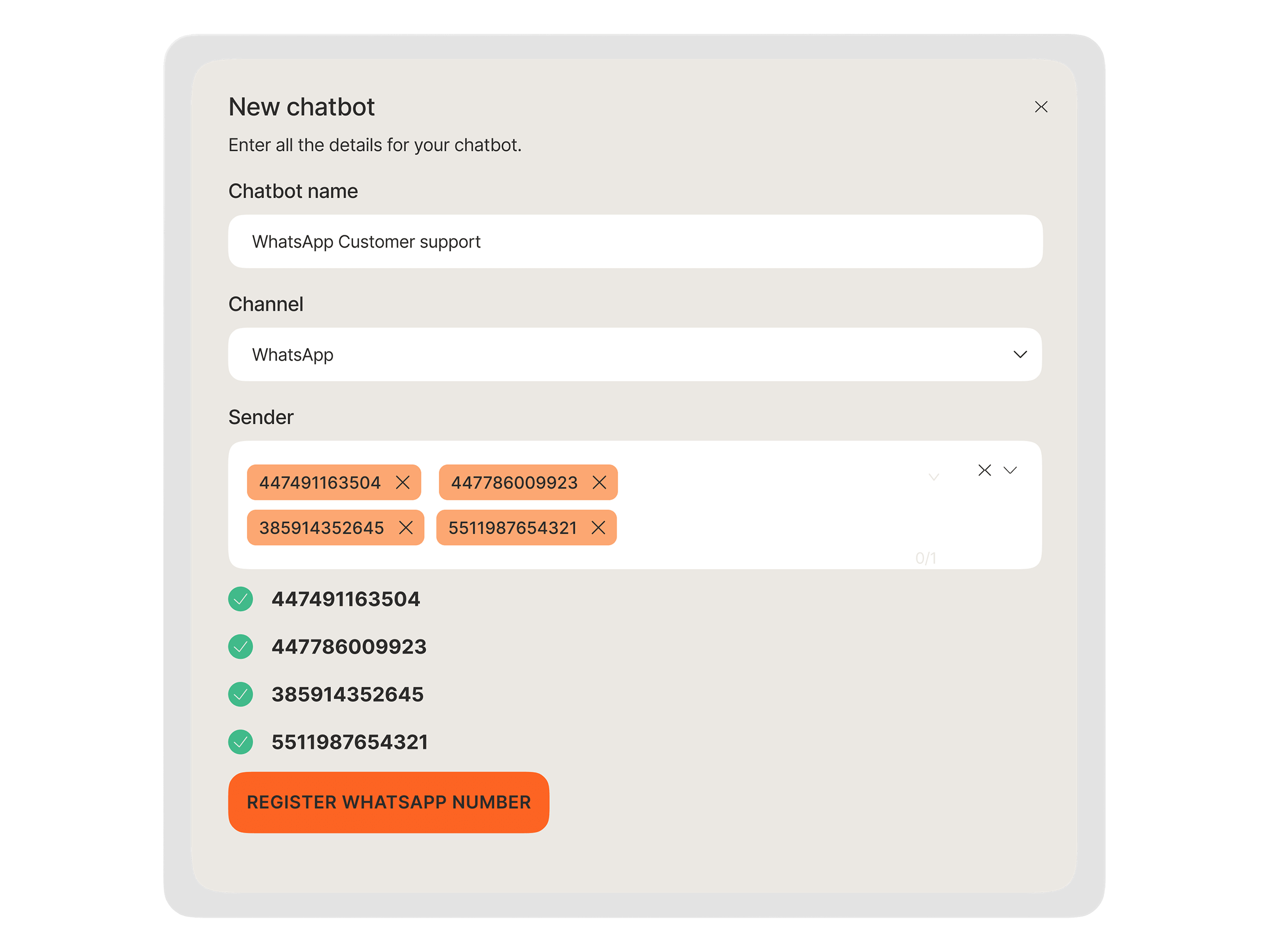 New chatbot setup form with multiple WhatsApp sender numbers assigned to a single chatbot